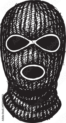 Close up hand drawn black and white balaclava ski mask with eye and mouth openings