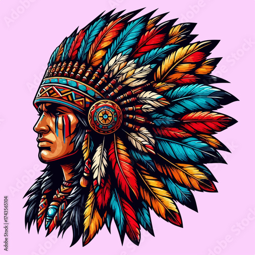flat Vector illustration of a tribal chief wearing a traditional feathered headdress