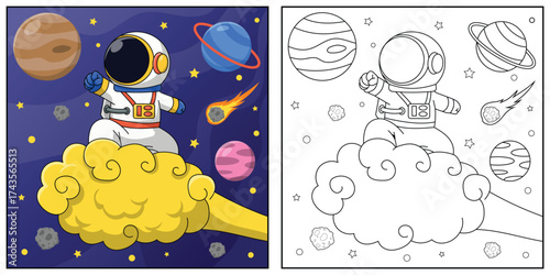 Cute astronaut in space planet around outline vector for children coloring page or book design.