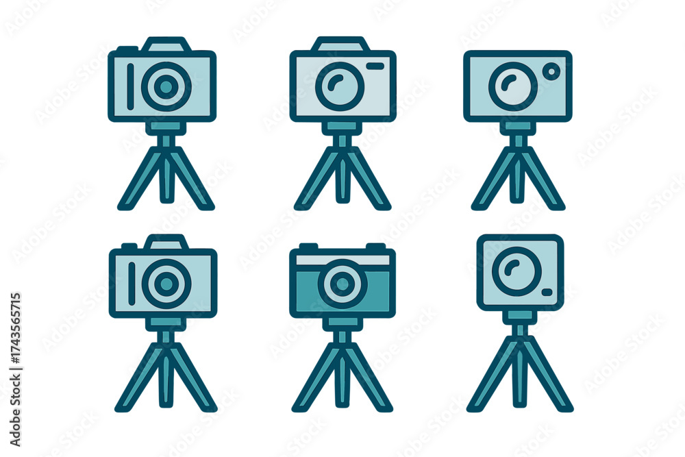 Obraz premium Set of six outline style digital camera icons mounted on tripods for photography and video recording