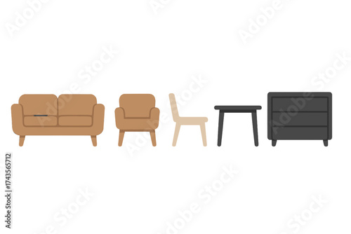 Contemporary home furniture set including sofa, armchair, chair, side table, and chest of drawers