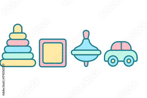 Pastel colored icons of traditional baby toys including stacking rings and a small car