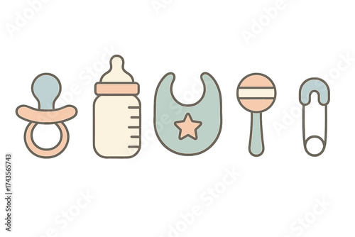 Set of newborn accessories and childcare essentials in soft pastel colors
