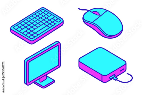 Isometric computer peripherals set with keyboard mouse monitor and storage device in neon colors