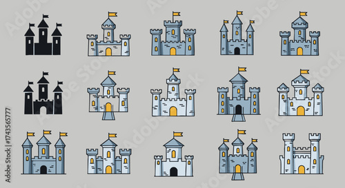 Collection of Fantasy Castle Icons Medieval Kingdom Fortresses