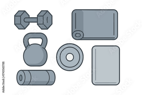 Essential gym and fitness equipment including dumbbell kettlebell and exercise mats