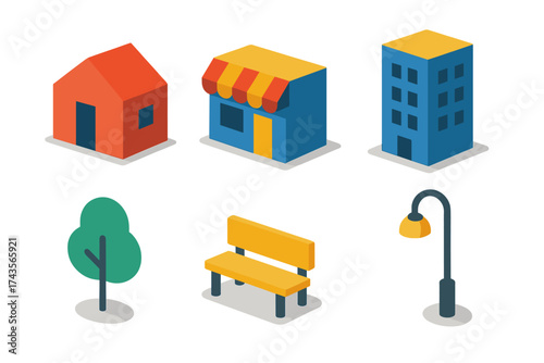 Set of isometric city elements including residential buildings, commercial store, tree, and street furniture