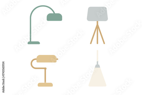 Set of four contemporary minimalist interior lamps: floor, table, and pendant lights