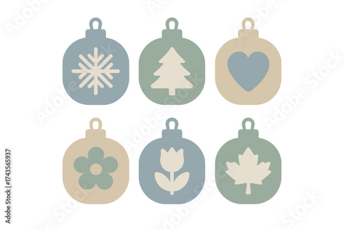 Six modern seasonal baubles featuring nature and holiday symbols in muted pastel tones