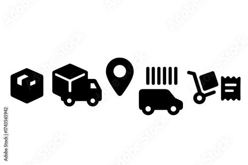 Logistics and delivery service icons covering shipping, tracking, and transportation symbols