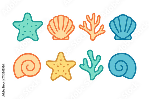 Colorful collection of stylized marine life featuring seashells starfish and coral