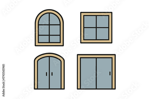 Simple flat design collection of various architectural windows and doors