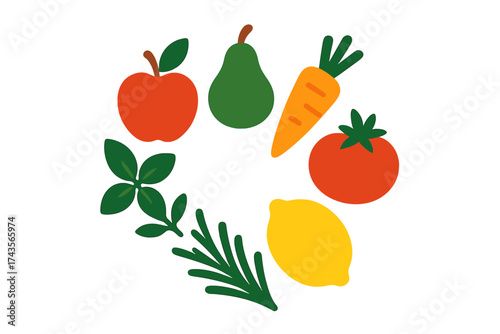Circular arrangement of fresh fruits, vegetables, and herbs symbolizing healthy eating and cooking