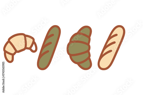 Minimalist set of French bakery items including croissants and baguettes in a flat graphic style
