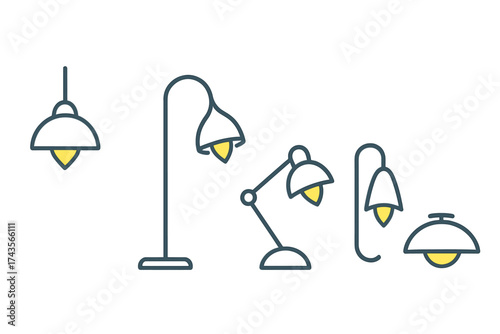 Collection of interior lamps and light sources depicted as simple line icons