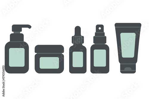 Minimalist set of cosmetic packaging containers including pump bottle dropper jar spray tube