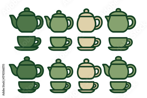 Set of eight stylized teapots and matching teacups with saucers in earthy green and beige