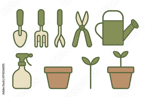 Essential gardening tools and planting supplies including shovel, shears, and watering can