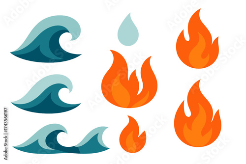 Stylized graphic symbols of natural elements: ocean waves, burning flames, and a water droplet