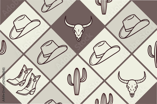 A vibrant repeating pattern featuring a collection of diverse western themed icons perfect for thematic design projects