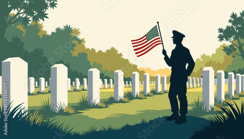 A soldier holds an American flag at a cemetery with white headstones honoring those killed in war, Veterans Day.