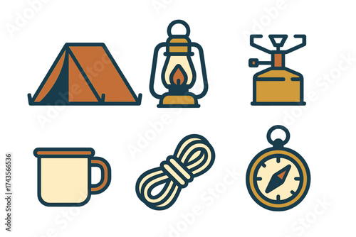 Collection of essential camping and hiking gear including tent, lantern, stove, mug, rope, and compass