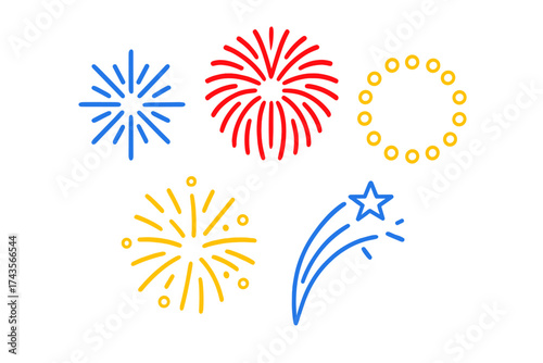 Minimal outline symbols representing various firework explosions and celebratory pyrotechnics
