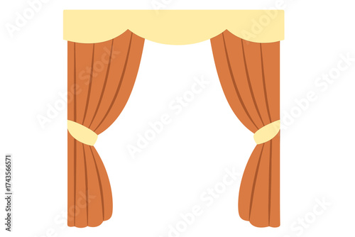 Elegant open theater stage curtains with decorative valance and tiebacks on a white background
