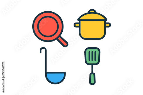 Colorful kitchen utensils and cooking equipment icons featuring frying pan pot ladle and spatula
