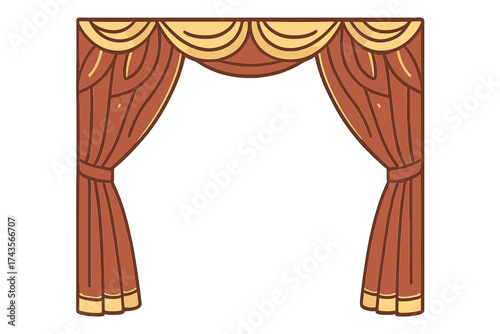 Elegant theatrical stage curtains tied back with a decorative swag valance in brown and gold colors