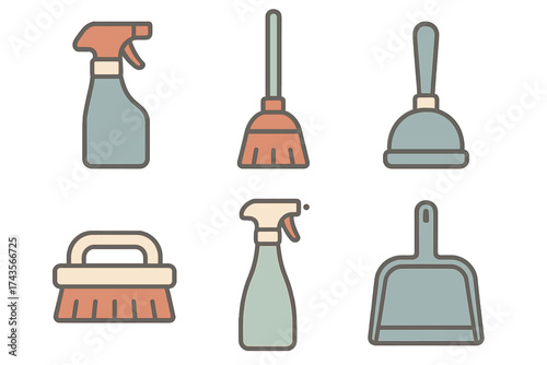 Essential household cleaning tools set featuring spray bottles, broom, dustpan, and plunger