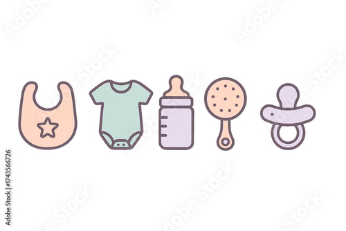 Collection of essential newborn items in soft pastel colors on white background