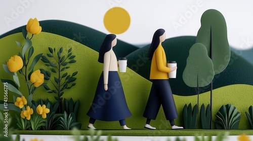 Women Walking Through a Papercraft Landscape with Coffee