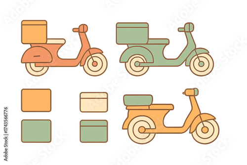 Retro style delivery scooters and mopeds set with storage boxes in pastel colors