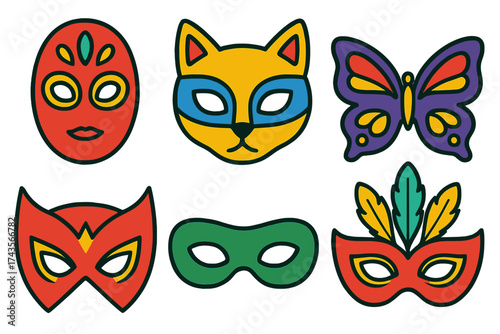 Colorful festive masks set featuring cat, superhero, and traditional masquerade designs