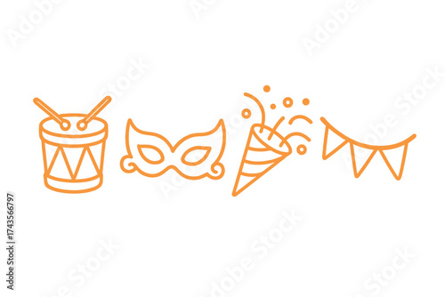 Drum, masquerade mask, party popper, and pennants for festive celebration