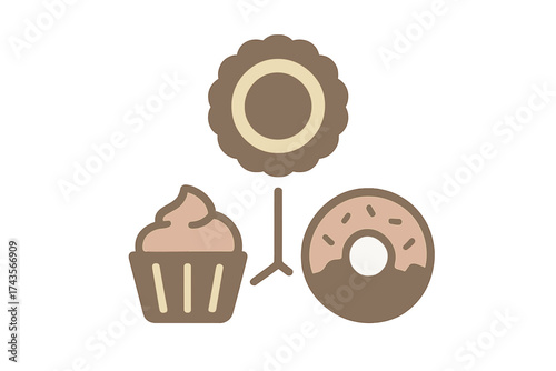 Minimalist set of popular baked goods featuring a cookie, cupcake, and glazed donut in brown and beige tones