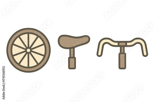 Essential cycling components collection featuring a spoked wheel, seat, and steering handlebars