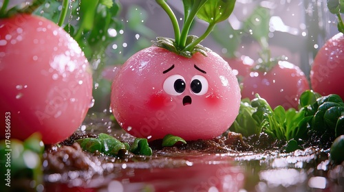 Worried Cartoon Radish in Garden with Water Droplets
