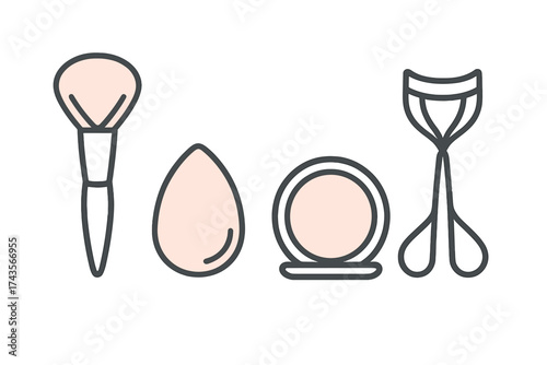 Set of essential beauty tools including makeup brush sponge compact powder and eyelash curler