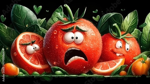 Worried Tomatoes and Citrus Fruits Digital Illustration
