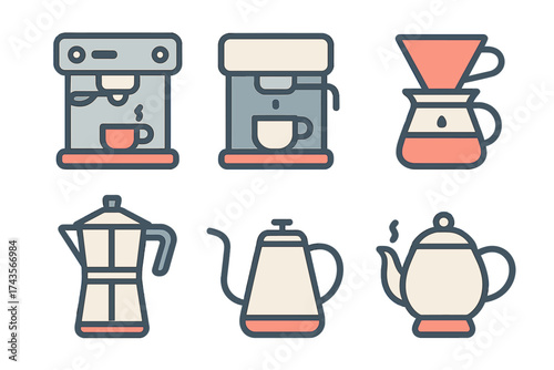 Diverse collection of coffee brewing machines and tea preparation equipment