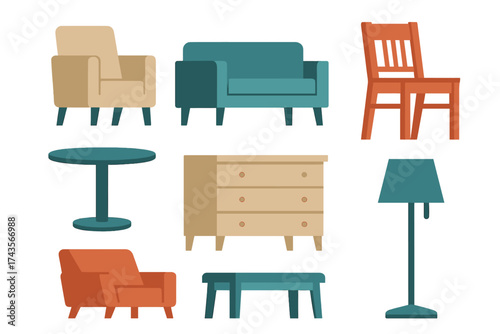 Contemporary interior furniture set including sofa armchair dresser and lamp