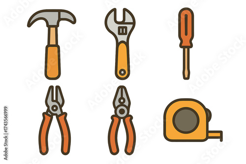 Essential repair and construction hand tools collection: hammer, wrench, screwdriver, and tape measure