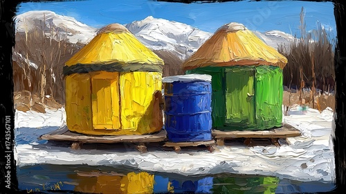 Yellow and Green Yurts on Snowy Lake with Mountain Background