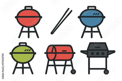 Colorful outdoor barbecue grills and cooking tongs set for summer grilling