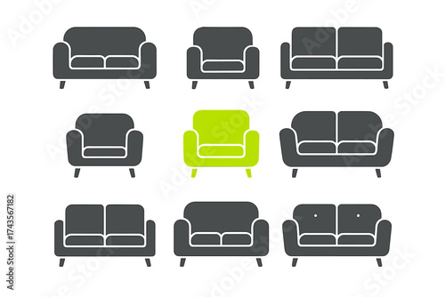 Collection of nine stylized living room furniture pieces including sofas and a bright green chair