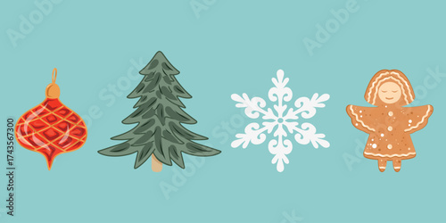 Bauble and tree set, Snowflake and angel set, Holiday symbol clipart