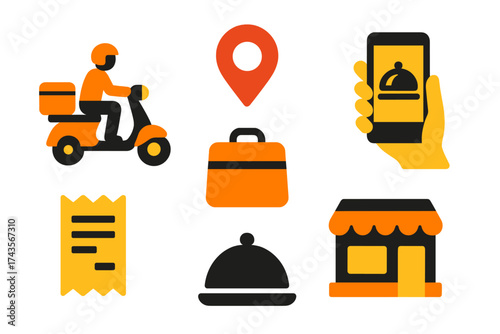 Online food delivery and ordering service concept featuring courier, location pin, and restaurant