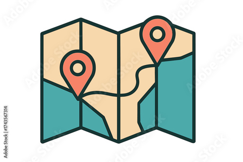Folded paper map showing a travel route between two destination points marked by location pins